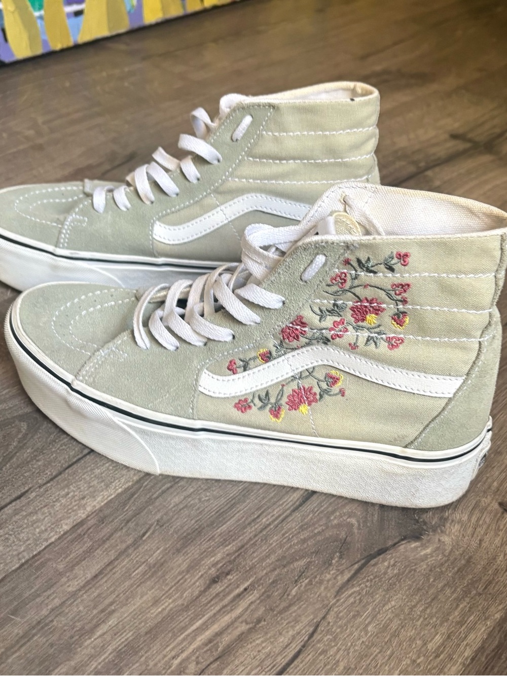 Vans High-Top Platform Sneakers with Pink & Yellow Floral Embroidery - Cream
